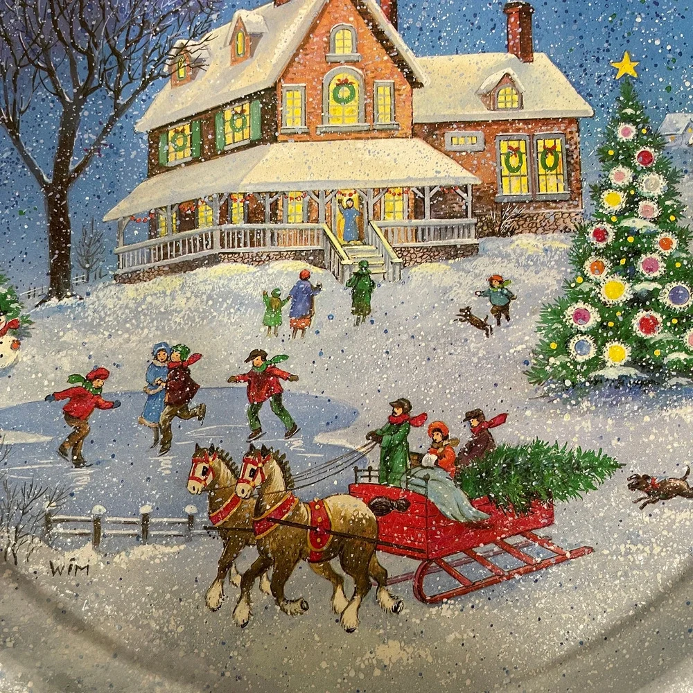 VTG Potpourri Press Tin Tray Christmas Tree Winter House Sleigh WIM Schimmer 88'